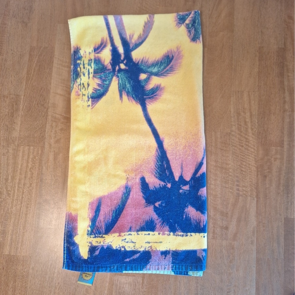VTG 90s Tropical Beach Towel Palm Trees Sunset Neon Pink Yellow Blue Vietnam
